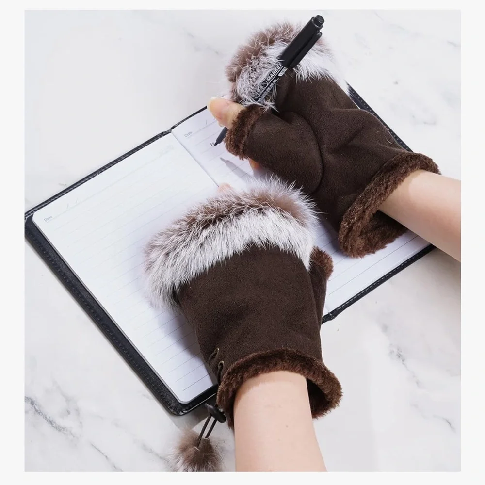 🆕 Women Faux Fur Fingerless Gloves Winter Warm Fuzzy Half Finger Mittens Womens